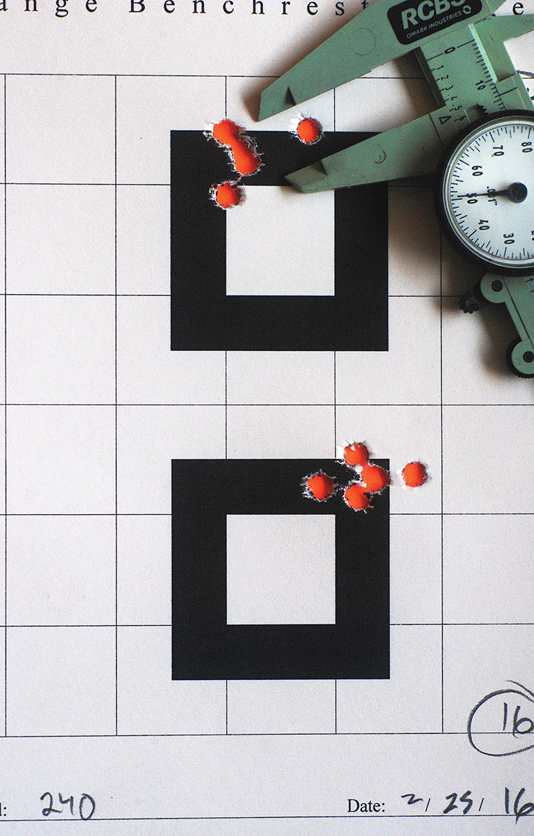 These two, five-round, sub-MOA groups were shot under breezy conditions. The top cluster was with Sierra 85-grain hollowpoint boat-tails; the bottom group was shot with Nosler 80-grain Ballistic Tips. The rifle would always place the first three or four shots in a tight cluster, and then groups would open up as the barrel warmed.